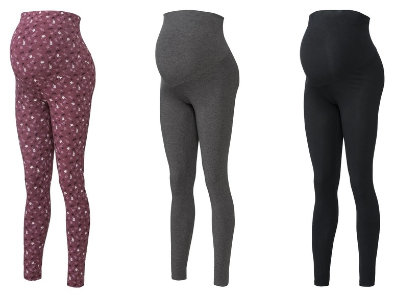 Drei Schwangerschaftsleggings, darunter eine mit Blumenmuster.