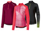 Drei Langarm-Radtrikots, eines in Bordeaux, eines mit rosafarbenem Muster und eines schwarz mit gelben Akzenten.
