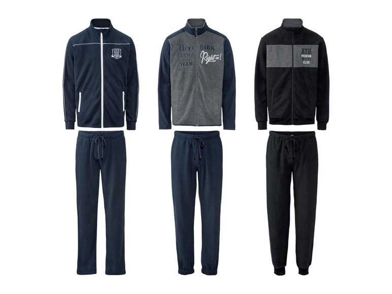 Drei Herren-Trainingsanzüge in verschiedenen Farben und mit Logos.