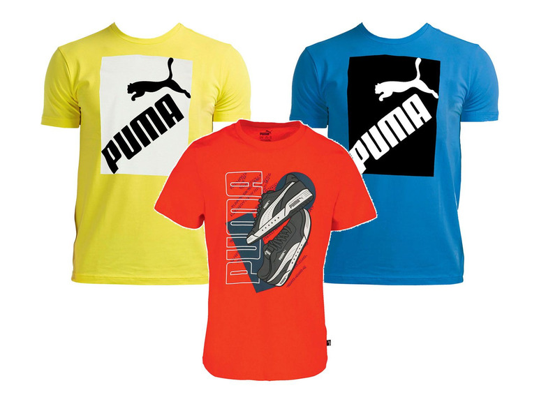 Drei T-Shirts mit Puma-Logo und Sneakern.