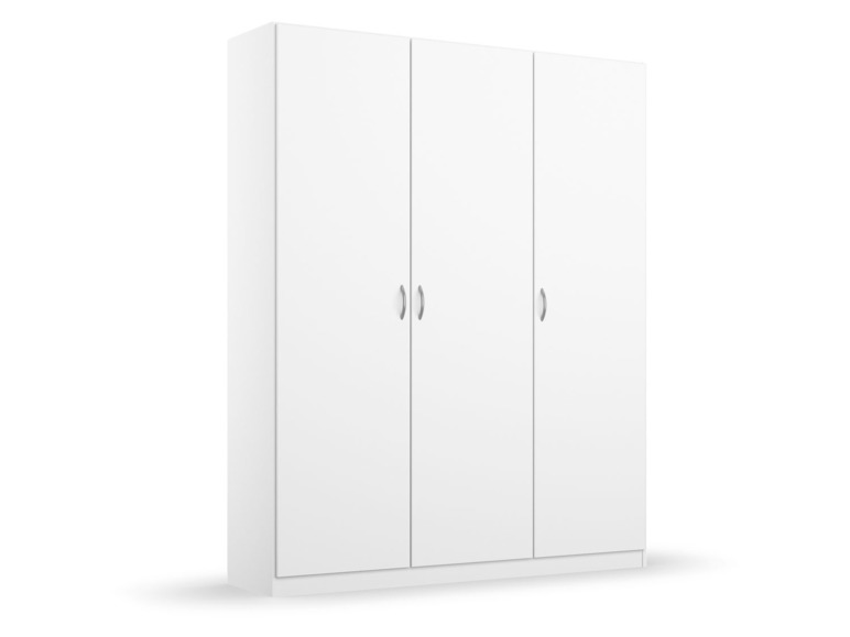 Ein weißer Kleiderschrank mit drei Türen.