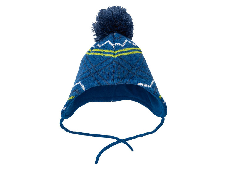 Eine blaue Strickmütze mit Bommel.