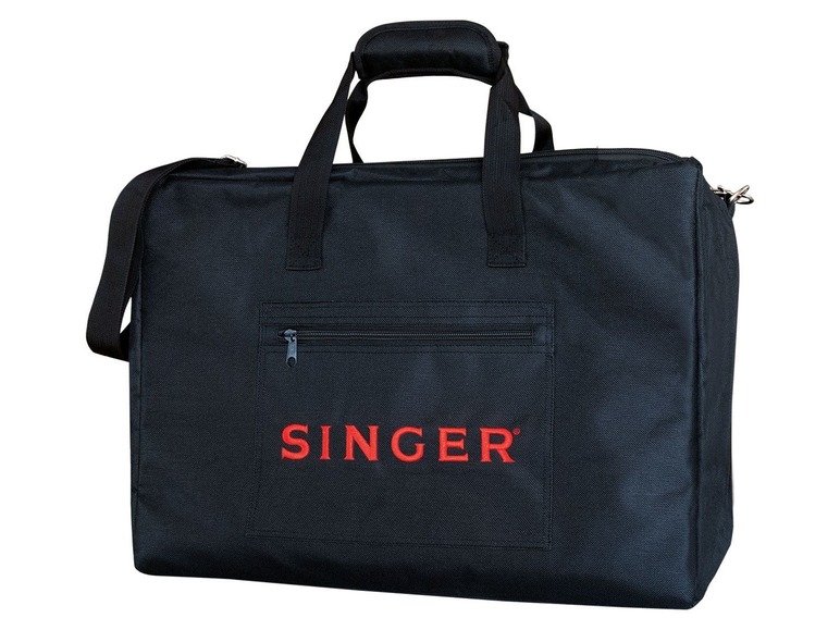 Eine schwarze Singer-Tasche mit Schultergurt zum Transportieren einer Nähmaschine.