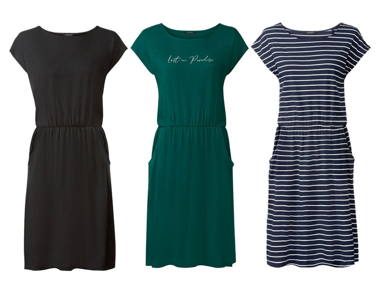 Schwarze, grüne und gestreifte Kleider mit kurzen Ärmeln.