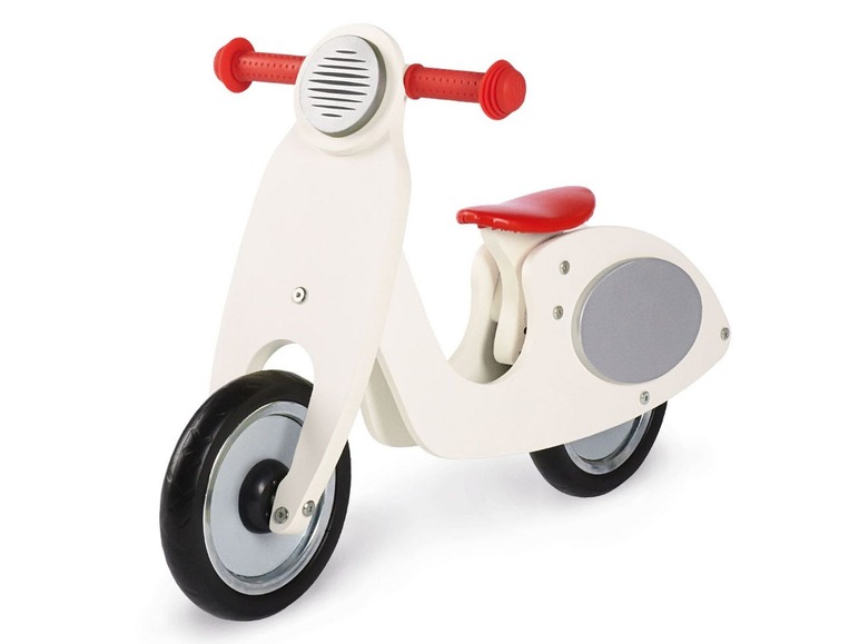 Ein weißer Lauflernroller aus Holz in Form eines Scooters.