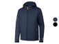 Eine dunkelblaue Softshelljacke mit Kapuze.