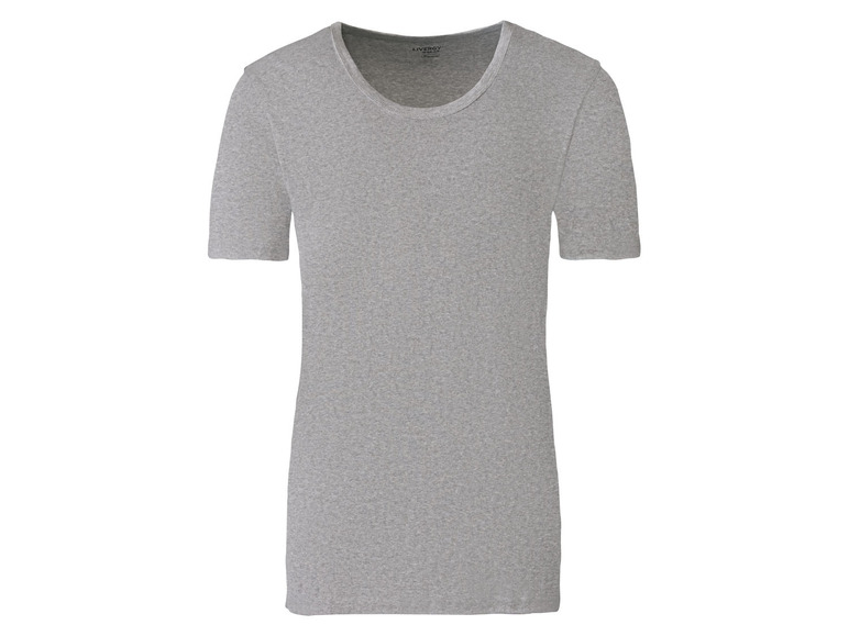 Ein graues T-Shirt mit kurzen Ärmeln von Livergy.