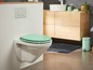 Eine weiße Toilette mit mintgrünem Toilettensitz in einem modernen Badezimmer.