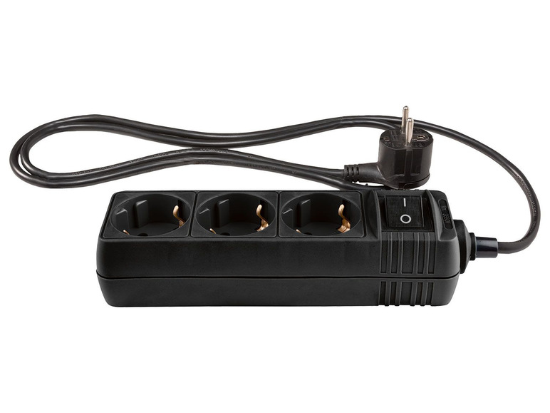 Schwarze Steckdosenleiste mit drei Steckdosen und Schalter.