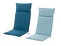 Zwei Stuhlkissen mit Rückenlehne, in blau und hellblau.