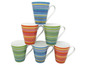 Sechs gestreifte Kaffeetassen in verschiedenen Farben.