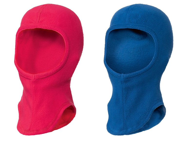 Zwei Fleece-Balaclavas, eine rosa und eine blaue.