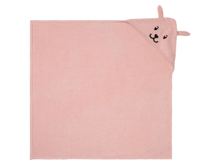 Ein rosa Handtuch mit einer Hasen-Kapuze.
