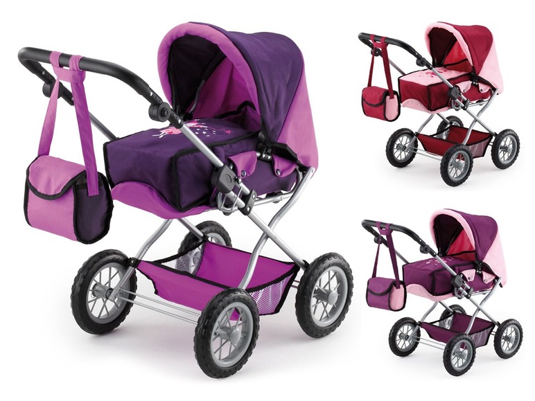 Drei rosa Puppenwagen mit passenden Taschen.