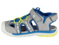 Graue Sandalen mit blauen Akzenten und 'Rough Riders' Logo.