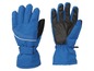Ein Paar blaue Skihandschuhe mit schwarzen Details.