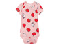 Ein rosa Baby-Bodysuit mit kurzen Ärmeln und Apfelmuster.
