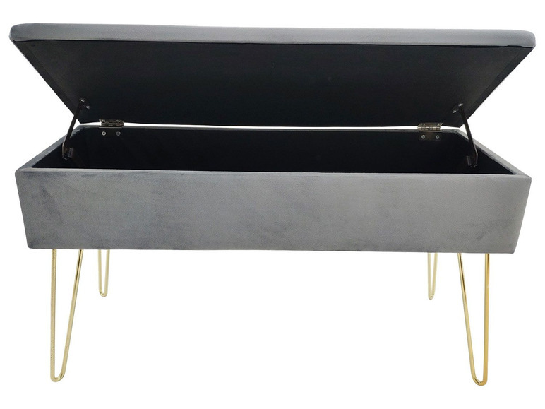 Eine graue Aufbewahrungsbank mit goldenen Beinen, offen.