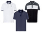 Drei Poloshirts von Livery: Weiß mit blauem Kragen, dunkelblau und grau/schwarz.