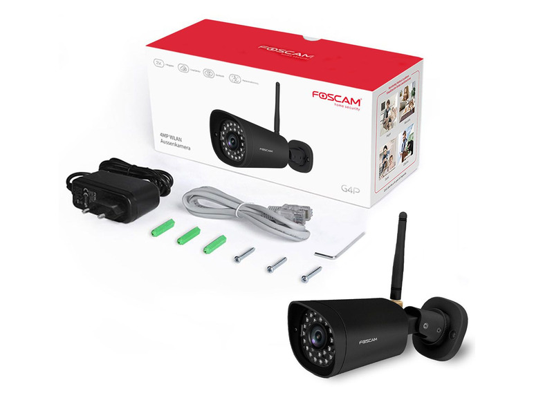 Foscam G4P 4MP drahtlose Außenkamera mit Zubehör.