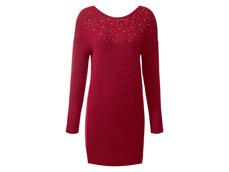 Ein rotes Strickkleid mit goldenen Steinchen.
