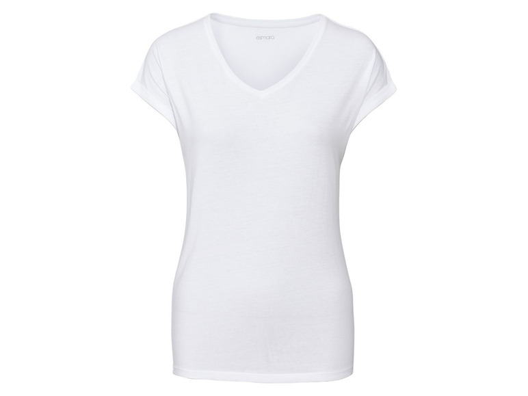 Ein weißes T-Shirt mit V-Ausschnitt der Marke 'emara'.
