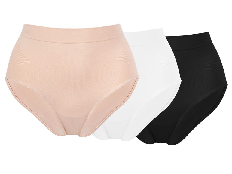 Drei Paar nahtlose, hohe Slips in Hautfarbe, Weiß und Schwarz.