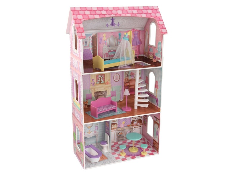 Ein rosafarbenes Holzpuppenhaus mit Schlafzimmer, Wohnzimmer, Küche und Badezimmer.