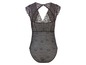 Ein schwarzer Spitzen-Bodysuit mit kurzen Ärmeln.