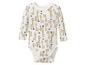 Weißer Baby Strampler mit langen Ärmeln und Giraffenmuster.
