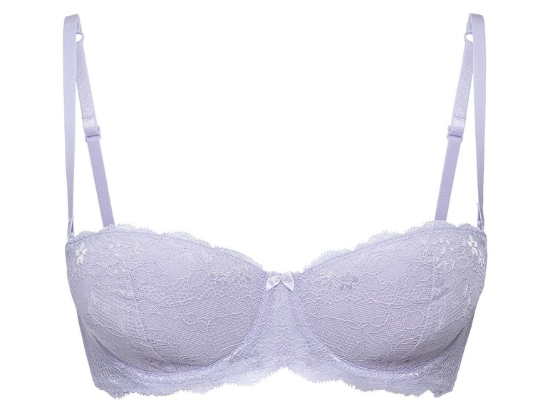 Lilafarbener, trägerloser BH mit Spitze.