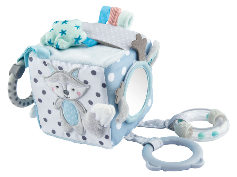 Ein Baby-Spielzeugwürfel mit einem Fuchs, einem Spiegel und einem Rassel.