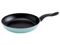 Eine blaue Bratpfanne mit schwarzem Griff.