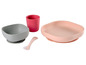 Ein Set aus Silikon-Babygeschirr, einschließlich Teller, Schüssel und Becher.