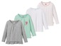 Vier Lupilu Langarmshirts für Mädchen: gestreift, weiß, grau mit Rüschen und mintgrün mit Herz.