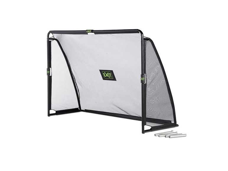 Ein schwarzes EXIT Fußballtor mit Befestigungsstiften.