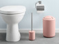 Eine Toilette, ein rosa Mülleimer und eine Toilettenbürste.