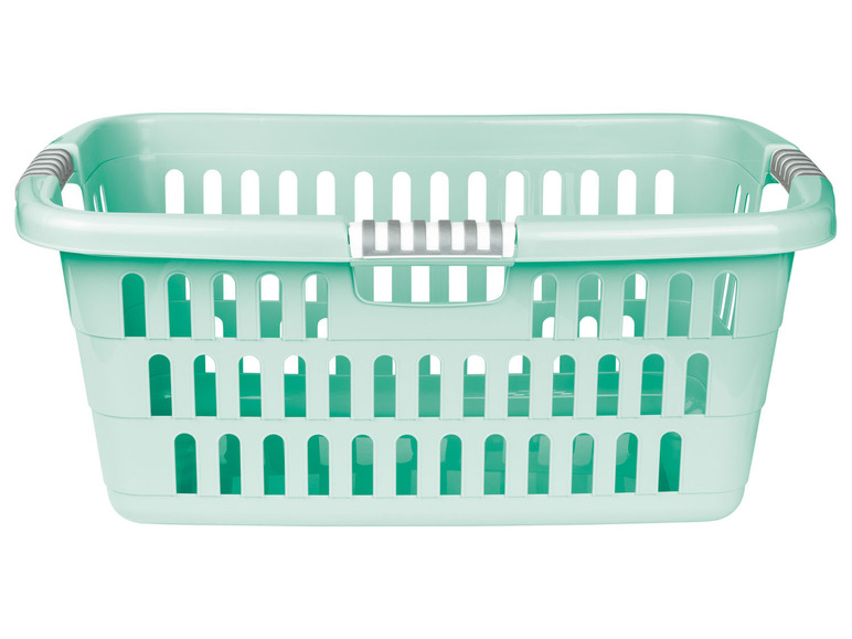Ein hellgrüner Wäschekorb mit Griffen.