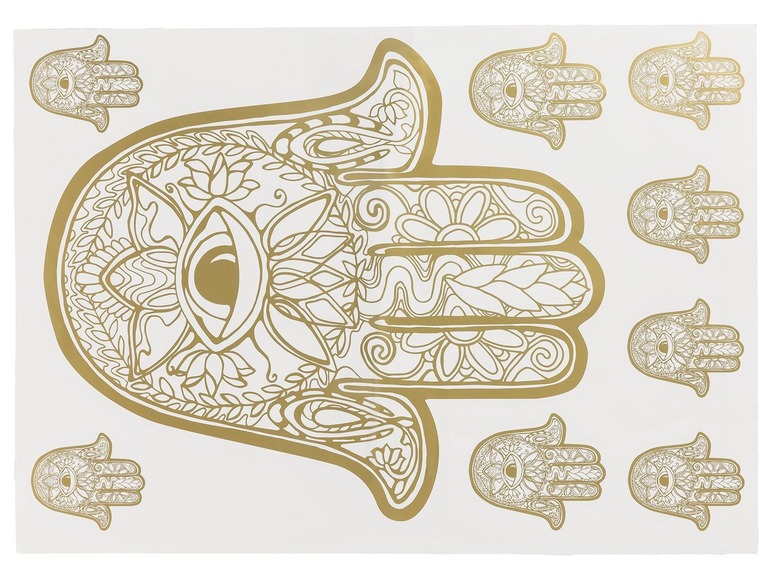 Goldene Hamsa-Hand-Aufkleber mit komplizierten Mustern.