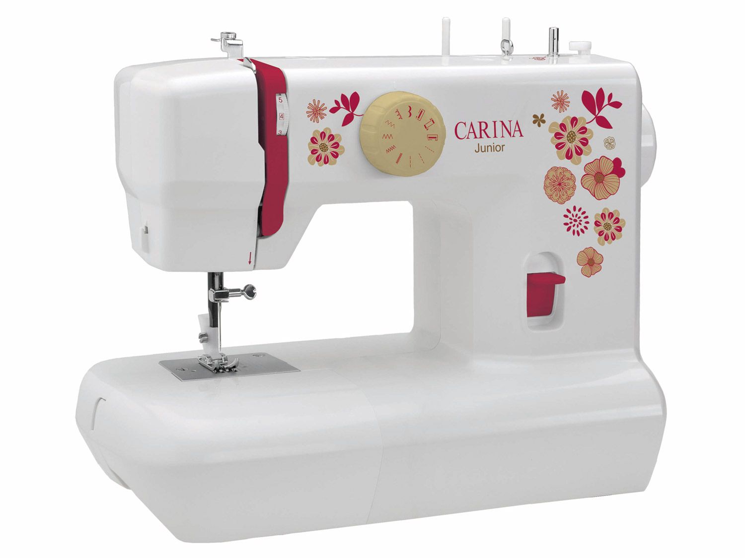 Carina Nähmaschine JUNIOR, Kinder Nähmaschine mit Stickerset, 9 Programme, Fadenabschneider, Freiarm, Fußanlasser, umfangreiches Zubehör – Bild 4 von 4