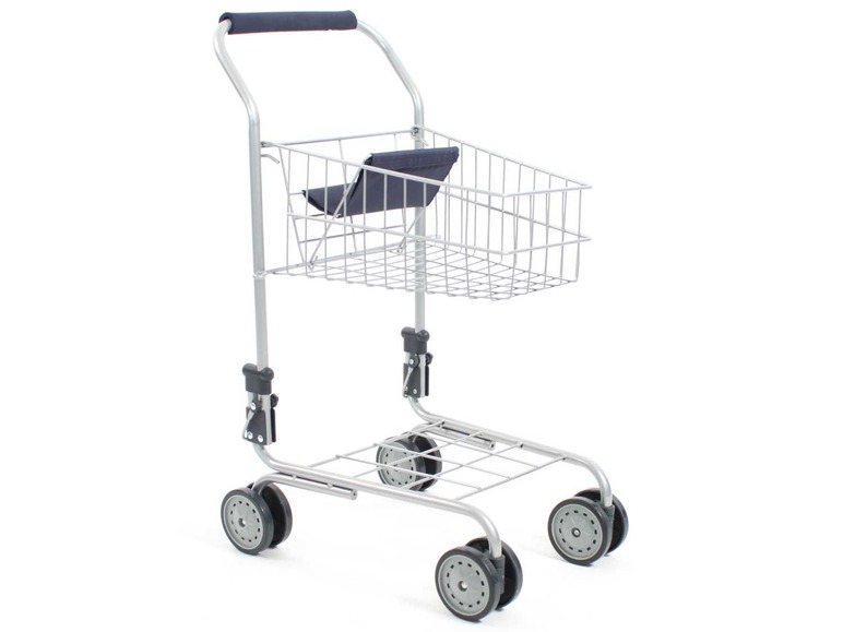 Ein Einkaufswagen aus Metall mit Rädern.