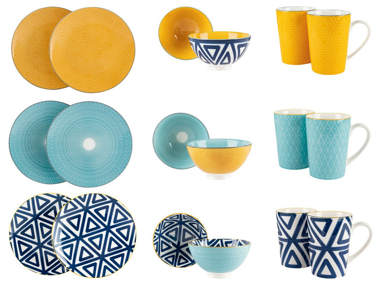 Geschirrset mit Tellern, Schalen und Bechern in Gelb, Blau und Blau-Weiß.