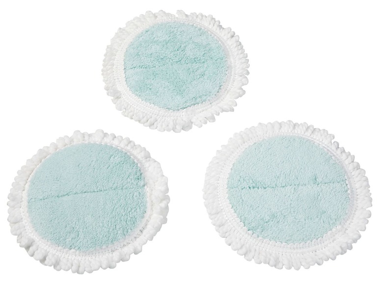 Drei runde, blaue Mikrofaser-Mopps mit weißem Rand.