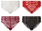 Vier Paar Damen-Slips mit Spitze, darunter ein weißer, zwei rote und ein schwarzer.