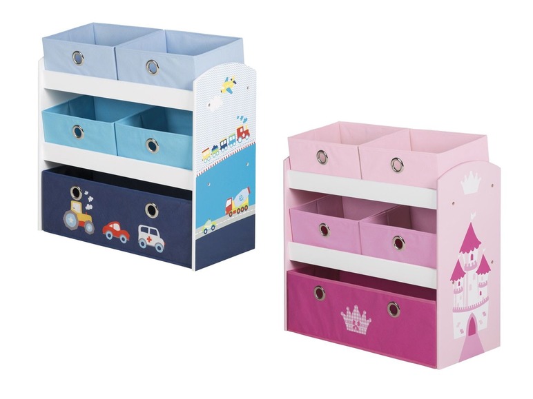 Zwei Aufbewahrungsschränke mit Körben für Spielzeug, einer für Mädchen mit einem Schlossmotiv und einer für Jungen mit Fahrzeugen.