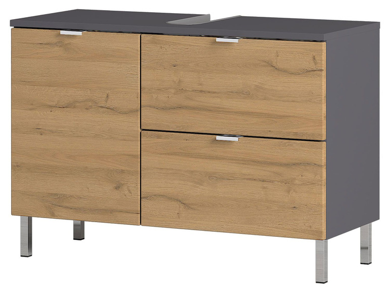 Ein Badezimmer-Unterschrank mit einer Tür und zwei Schubladen.