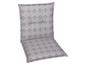 Ein graues Sitz- und Rückenkissen mit geometrischem Muster.