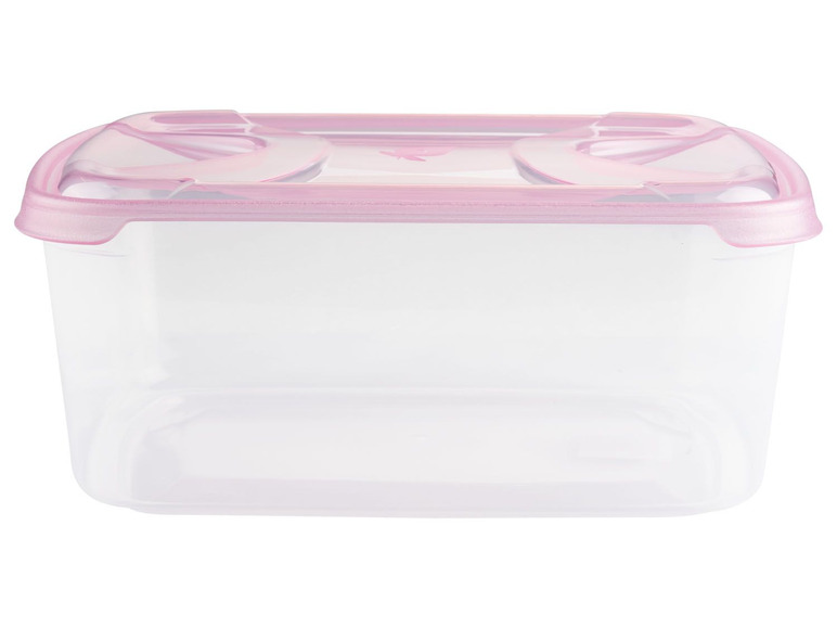 Eine durchsichtige Aufbewahrungsbox mit rosa Deckel.