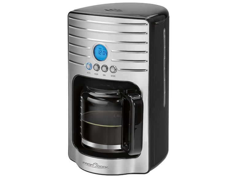 Ein silberfarbenes ProCook Kaffeemaschine mit einer Glaskanne.