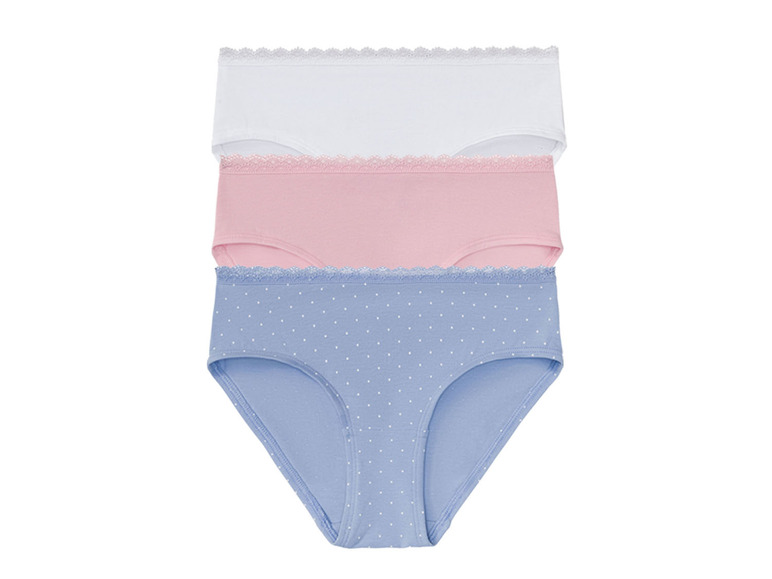Drei Damen-Unterhosen: weiß, rosa und blau mit Punkten.